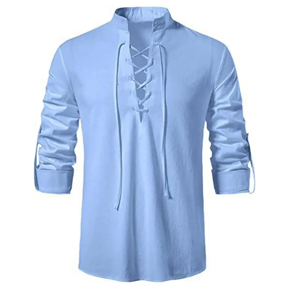 Solid Color Casual Top Versatile Men Shirt Vintage-inspired Men's Slim Fit Tops with Stand Collar Lace-up Detailing for Casual