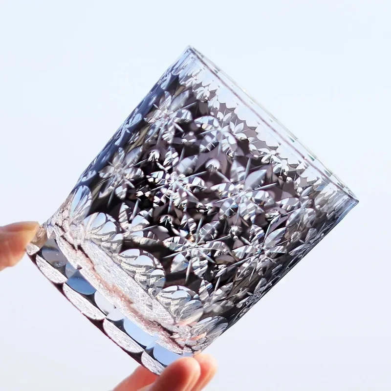 Hand Cut to Clear Black Whisky Glass Tumbler Cylinder Edo Kiriko Flower Design