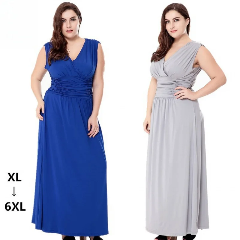 

European and American plus Size Women's Clothes Summer New V Collar Sleeveless Long Dress