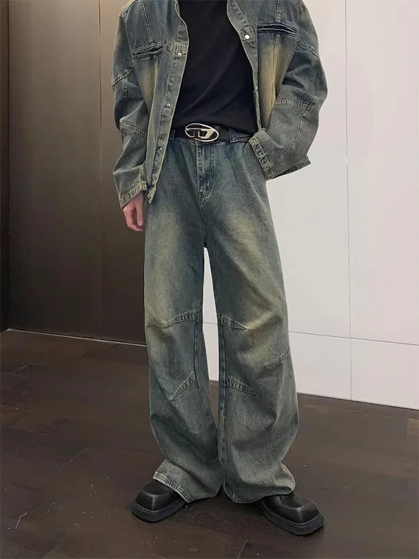 

American High Street Deconstructed Design Straight Leg Men's Jeans Vintage Washed Loose Wide Leg Long Trousers Casual Jeans