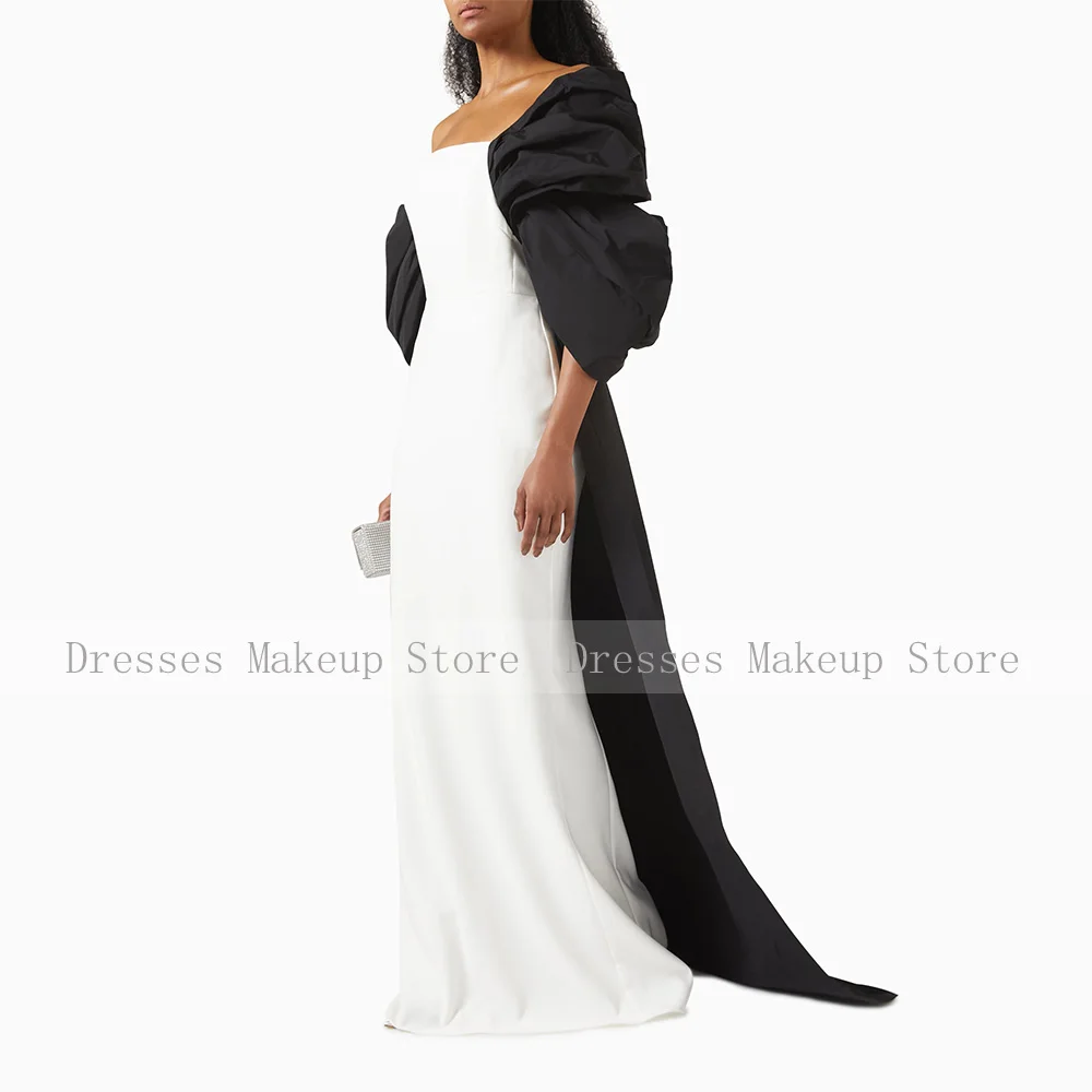 فستان سهرة أنيق أبيض وأسود منتفخ ff the Shoulder Column رداء حفلات مسائية للنساء 2025 فساتين رسمية بفيونكة ثنيات #3