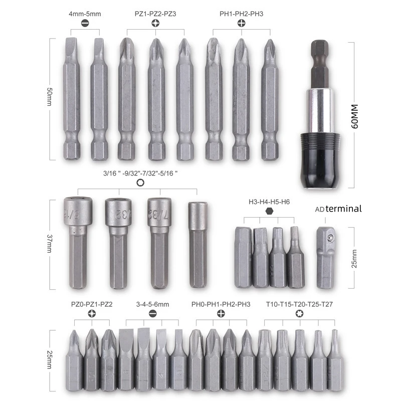 34PCS Socket Drill Bit Set Magnetic Screwdriver Bit Sleeve Set 60mm Conversion Rod Drill Driver Tool Accessories with Case