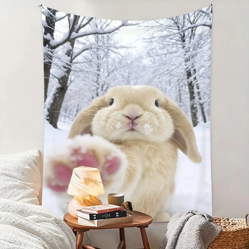1PC Rabbit Snow Forest Paw Print Backdrop Banner, Bedroom Living Room Photo Background, Polyester, Home Decor, Wall Art