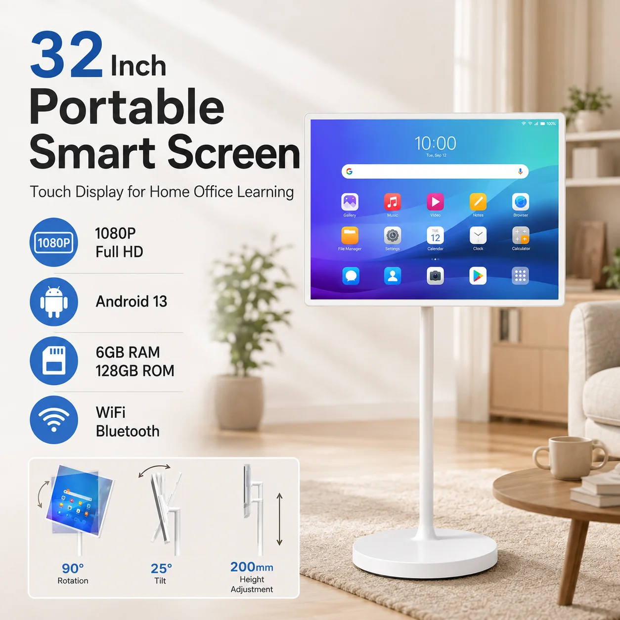 32 Inch Portable Smart Touch Screen TV 1080P Android Wireless Display 6GB 128GB Rotating Stand for Home Office Education