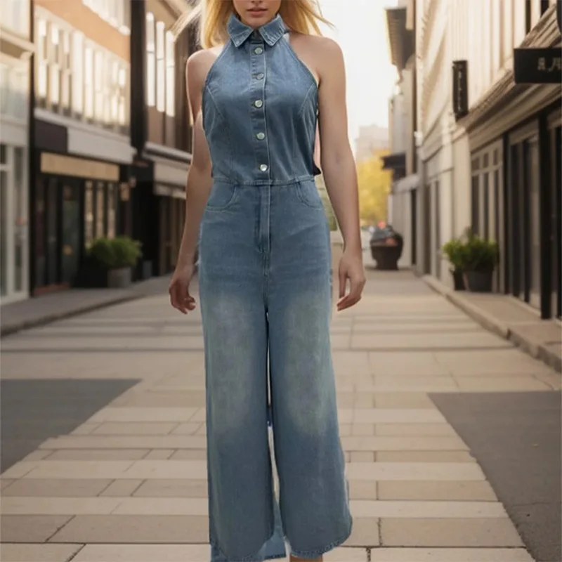 Summer Women's Hanging Neck Collar Denim Jumpsuit 2024 New Casual Fashion Retro Backless Sleeveless Denim Jumpsuit