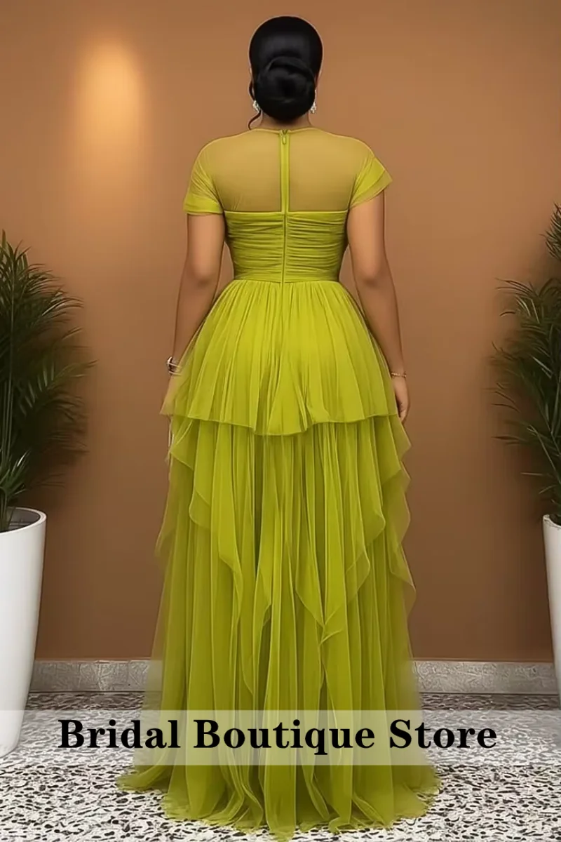 Green Short Sleeve Cinch Waist High Slit Tulle Gowns Maxi Dresses High Quality Custom Made Party Dresses Evening Dress