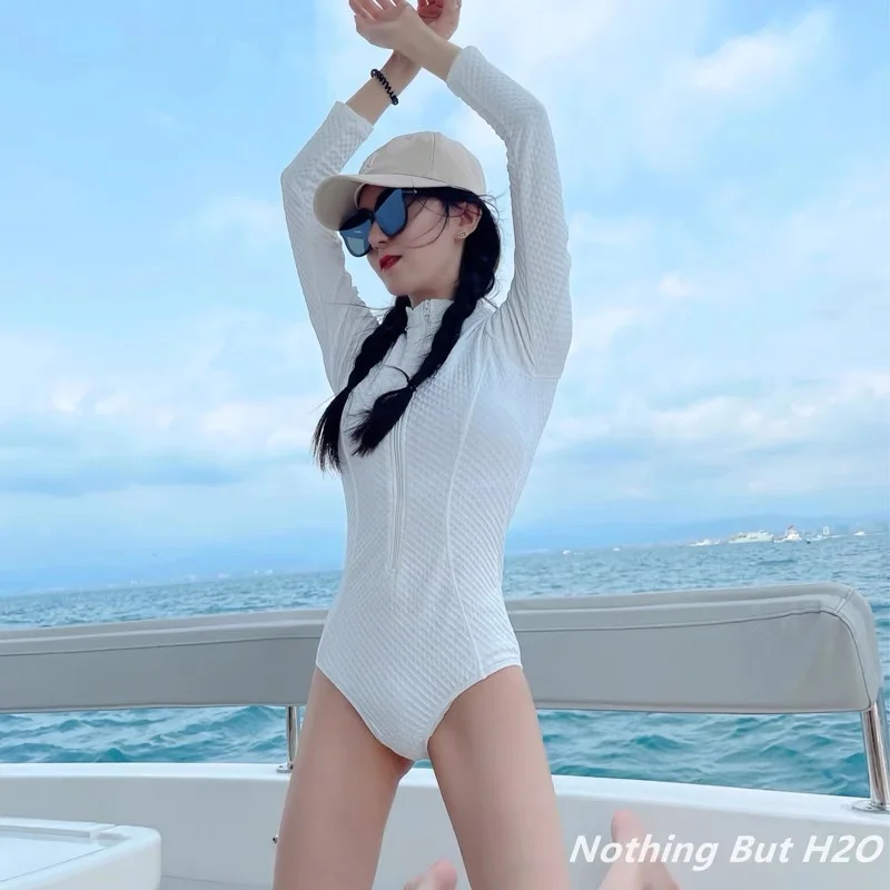 Women's Swimwear 2024  Women Bikini Solid Color Long Sleeve Swimsuit Backless Sexy One-Piece Hot Spring Swimwear M-XL