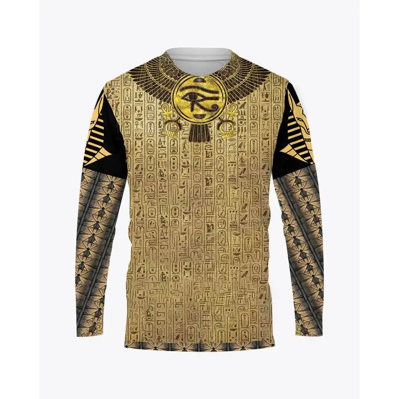 Ancient Egyptian Horus Print Summer Men\'s O-Neck T-shirt Casual Long Sleeve Oversized Pullover Fashion Tops Trend Men Clothing