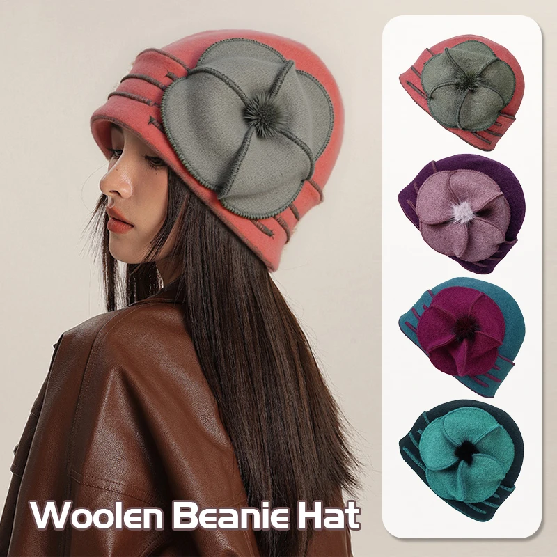 New Autumn Winter Warm Women's Wool Hat Elegant Retro Contrasting Flowers Beanies Beret Fashion Middle Aged Mom Pullover Cap