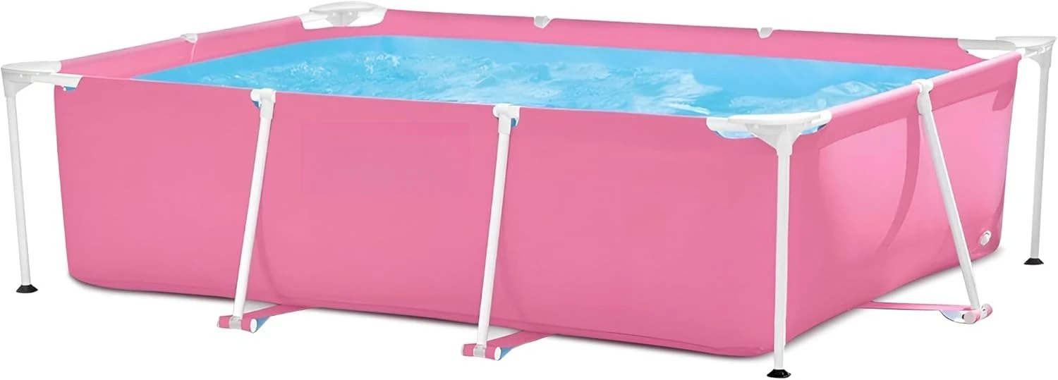 

7'L x 5'W x 23-5/8"H Rectangular Metal Frame Above Ground Outdoor Backyard Swimming Pool, 439 Gallons of Water, Pink