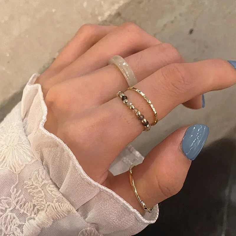 4PCS Resin Metal Irregular Geometric Bead Rings Set for Women Retro Knuckle Joint Elastic Jewelry Fashion Holiday Party Gifts