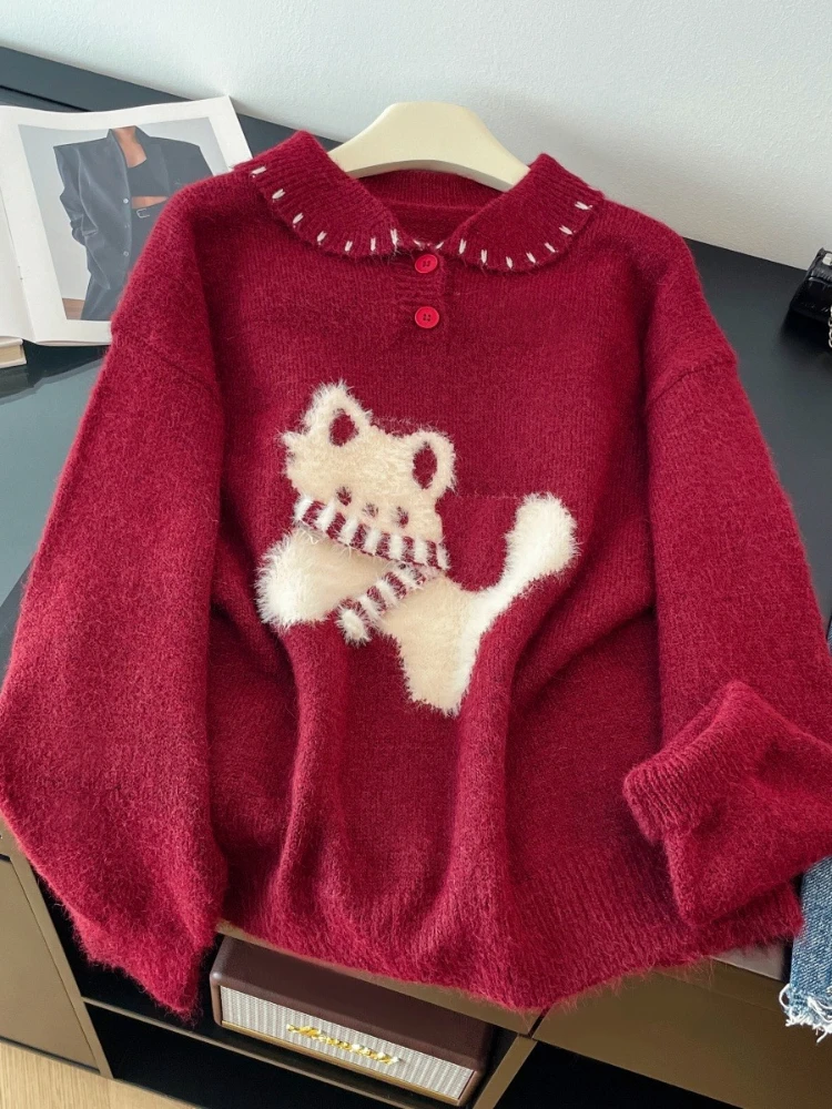 المرأة محبوك سترة رفض طوق الكرتون الكلب الخريف الشتاء الحلو سترة أنيقة على الموضة نمط Preppy الإناث سترة غير رسمية جديد