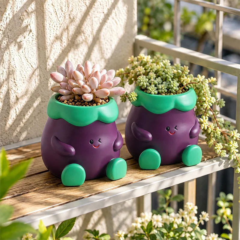 Cartoon Sitting Eggplant Resin Succulent Planter Mini Cactus Pot Desktop Windowsill Decor Unique Gift for Plant Enthusiasts`