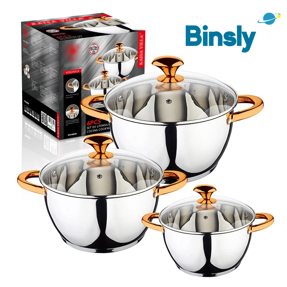 3Pcs Stainless Steel Soup Pot Set with Gold Handles Kitchen Cookware Set Induction Compatible Cooking Pot with Glass Lid