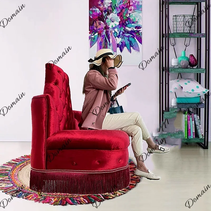 81 N Neoclassical burgundy golden velvet small double sofa fringed retro style pulley pull button medieval