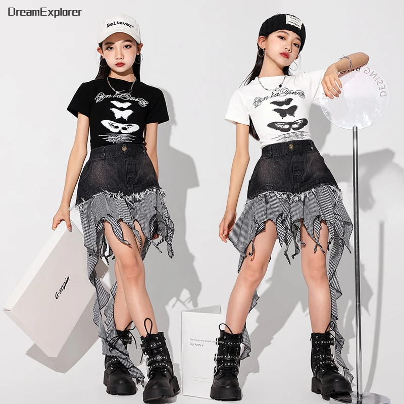 

Girls Hip Hop Crop Top Tattered Street Dance Denim Skirt Kids T-shirt Jazz Cool Jean Skirts Costume Child Streetwear Clothes Set