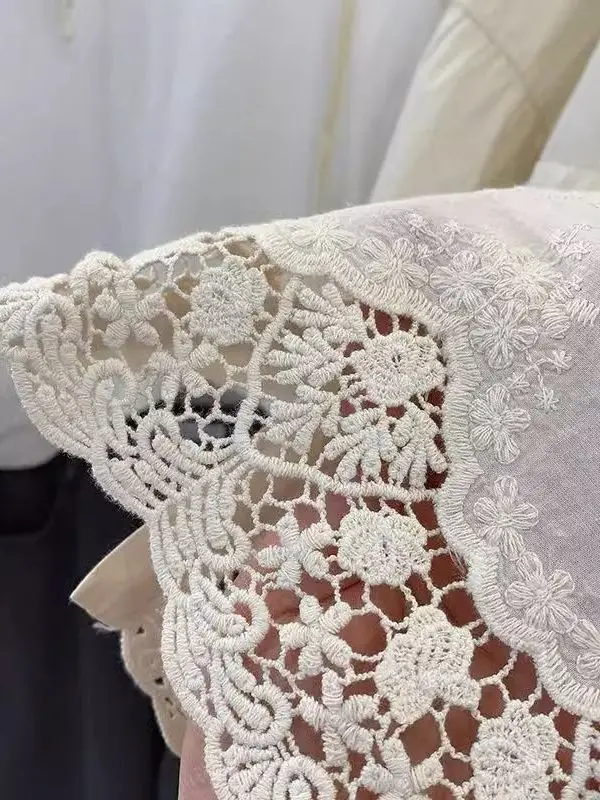 Plus Size Dames Irt Geborduurd Kant Uitgehold Lange Sve Princ Kraag Lente Herfst Loose Fit Afslanken Casual Top