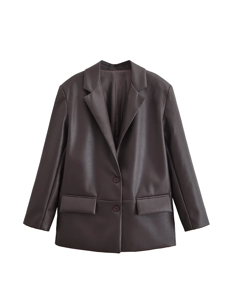 

European style new women's fashion versatile temperament simple solid color two-button suit leather jacket