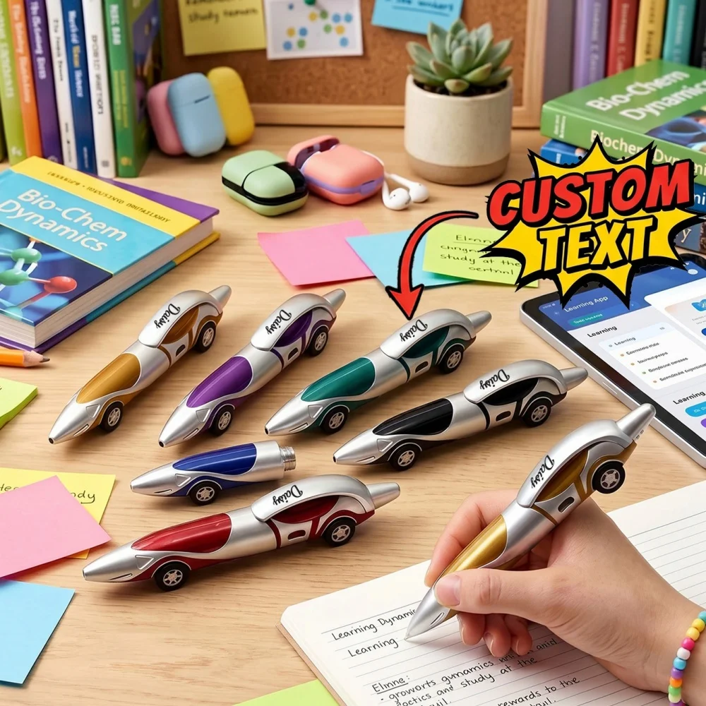 Custom Name Race Car Pen, Push Button Ballpoint Pen with Smooth Rolling Wheels, Fun Desk Fidget Toy Stationery,