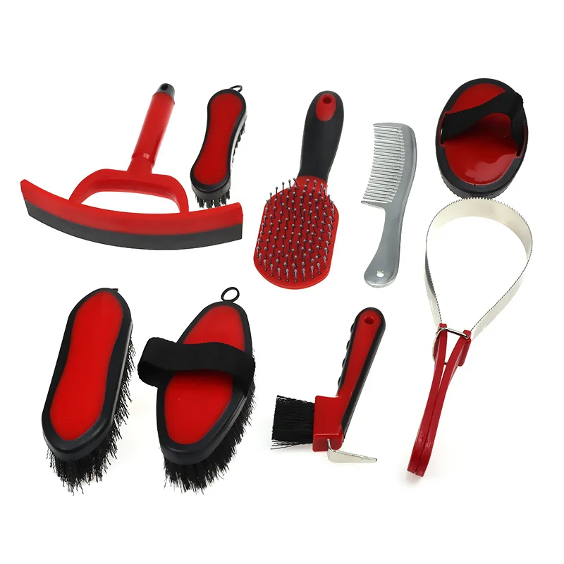 

Nine-piece set of horse cleaning supplies, horse comb, horse brush set, stable supplies set, special canvas bag packaging