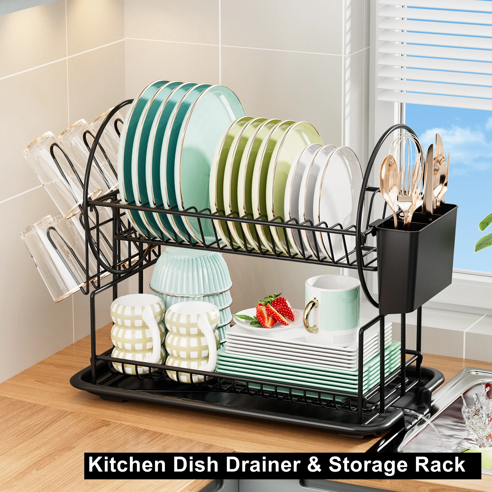 Removable and multifunctional double-layer dish drying rack drainage board set tableware kitchen countertop storage rack