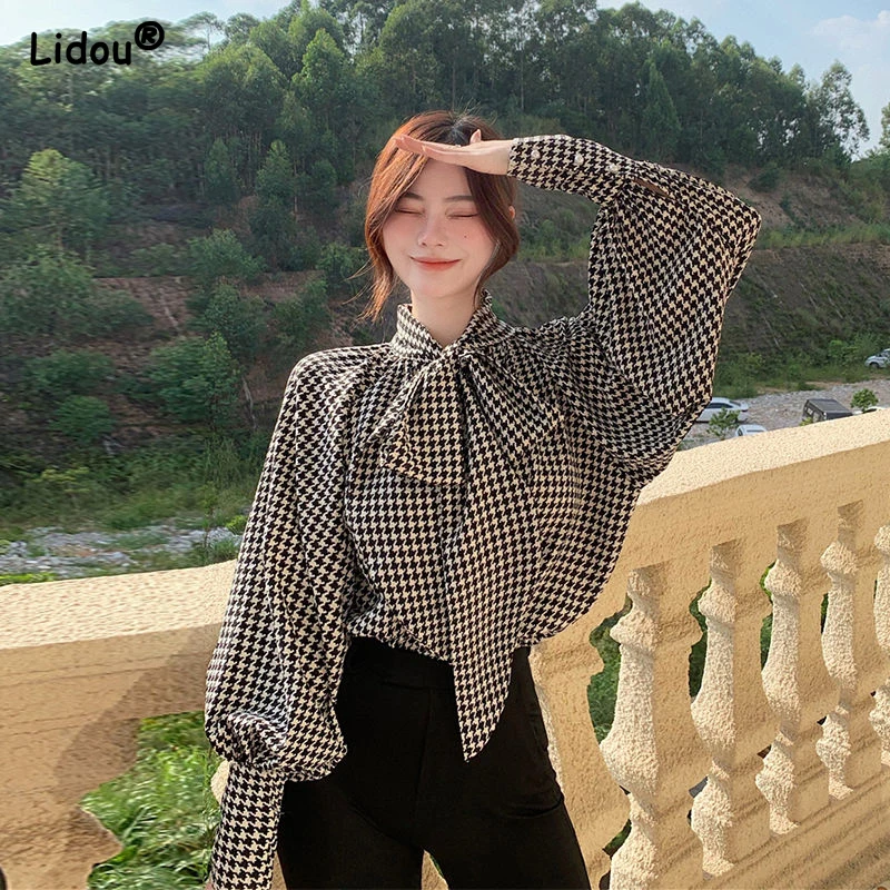 

Elegant Fashion New Wild Bow Neck Chiffon Women's Clothing Spring Autumn Loose Lantern Sleeve Thin Tops Striped Graceful Blouses