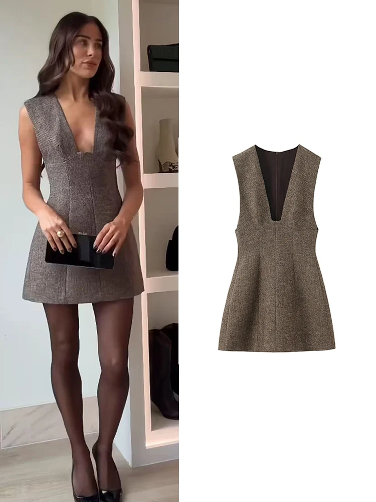 TFMLN femmes robe sans manches automne hiver nouveau Style élégant col en v profond épais Mini robe Sexy à la mode dames vêtements