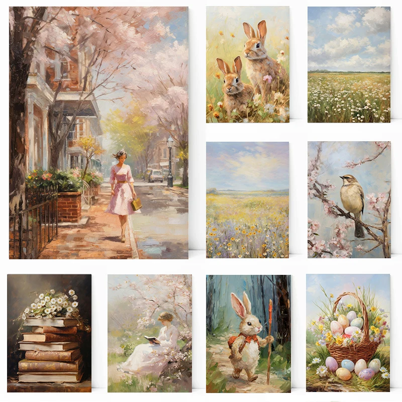 Spring & Easter Poster Spring Wildflower Field Rabbit Family Town City Easter Bunny Canvas Painting Wall Art Picture Home Decor