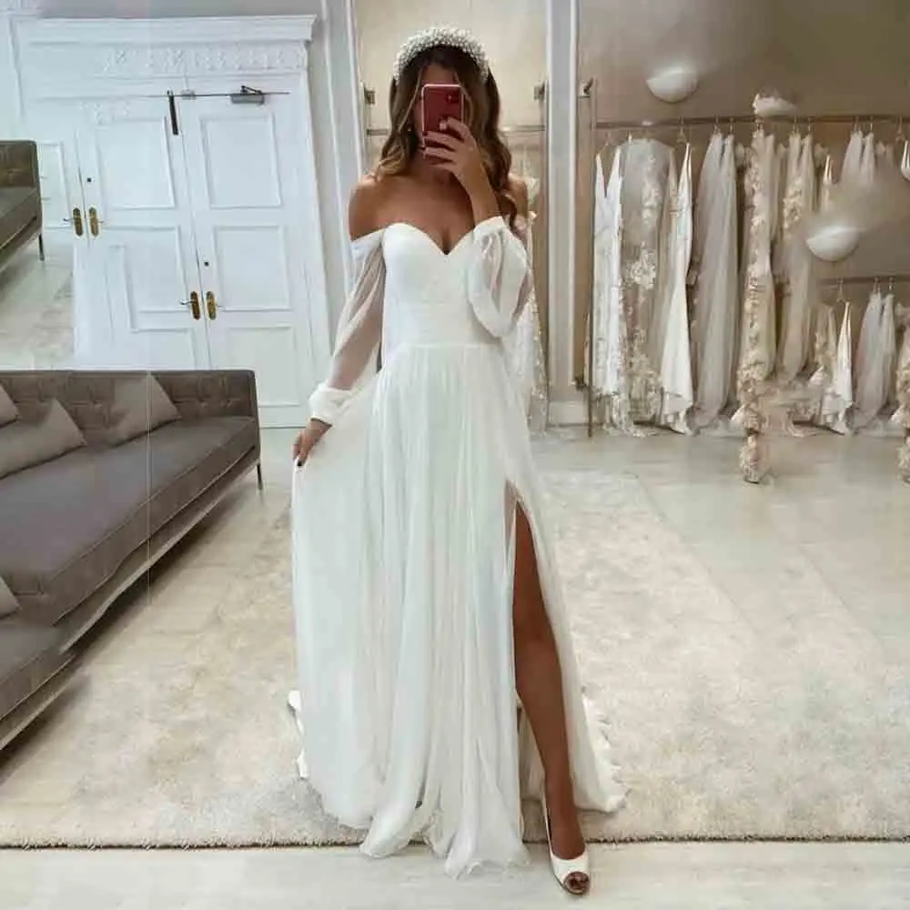 V-neck Chiffon Off the Shoulder Long Puff Sleeve Wedding Dress for Women with Slit A-line Court Wedding Gown vestidos de novia