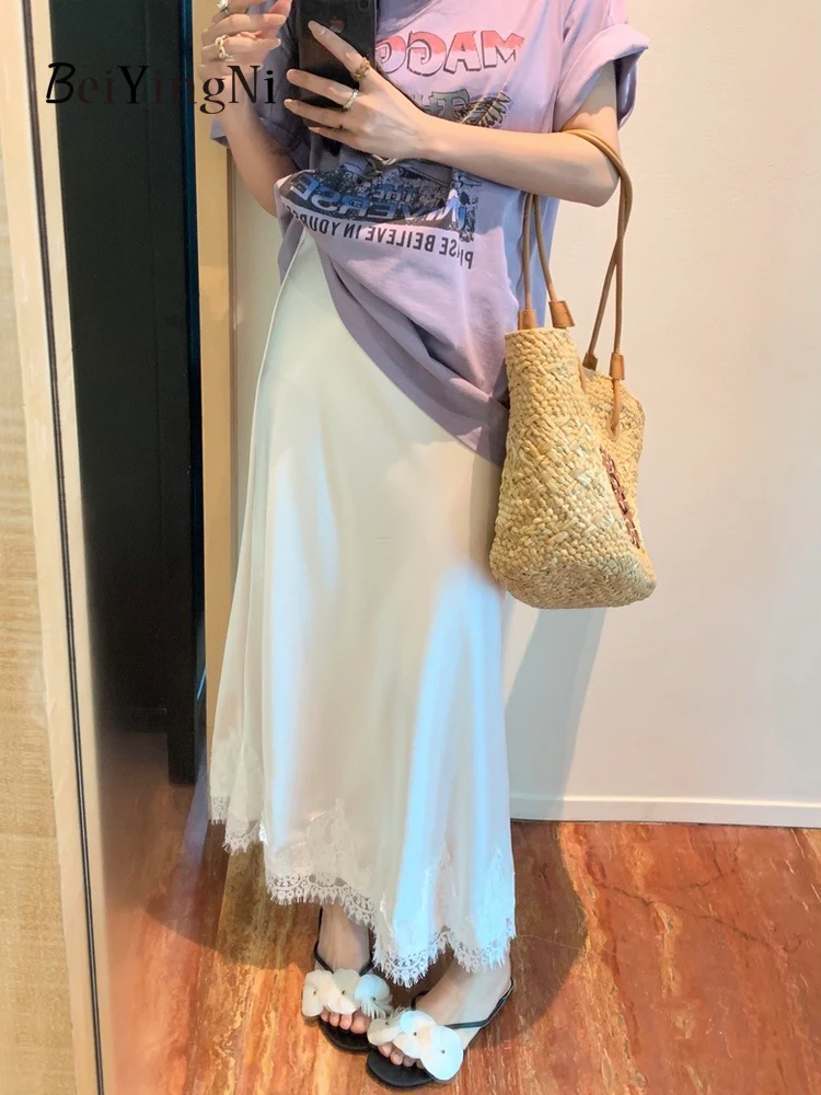 Beiyingni Elegant Long Skirts for Women 2025 Summer High Waist Lace Satin Trumpet Skirt Woman Luxury Slim Korean Fashion Skirts