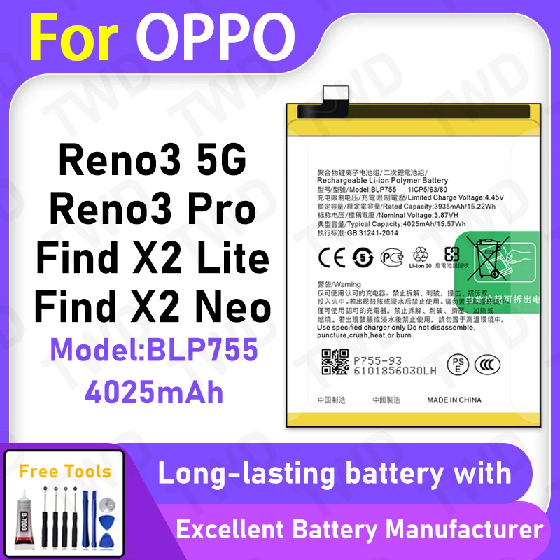 

100% New 4025mAh BLP755 Battery For OPPO Reno3 5G/Reno3 Pro/Find X2 Lite Battery Replacement Bateria