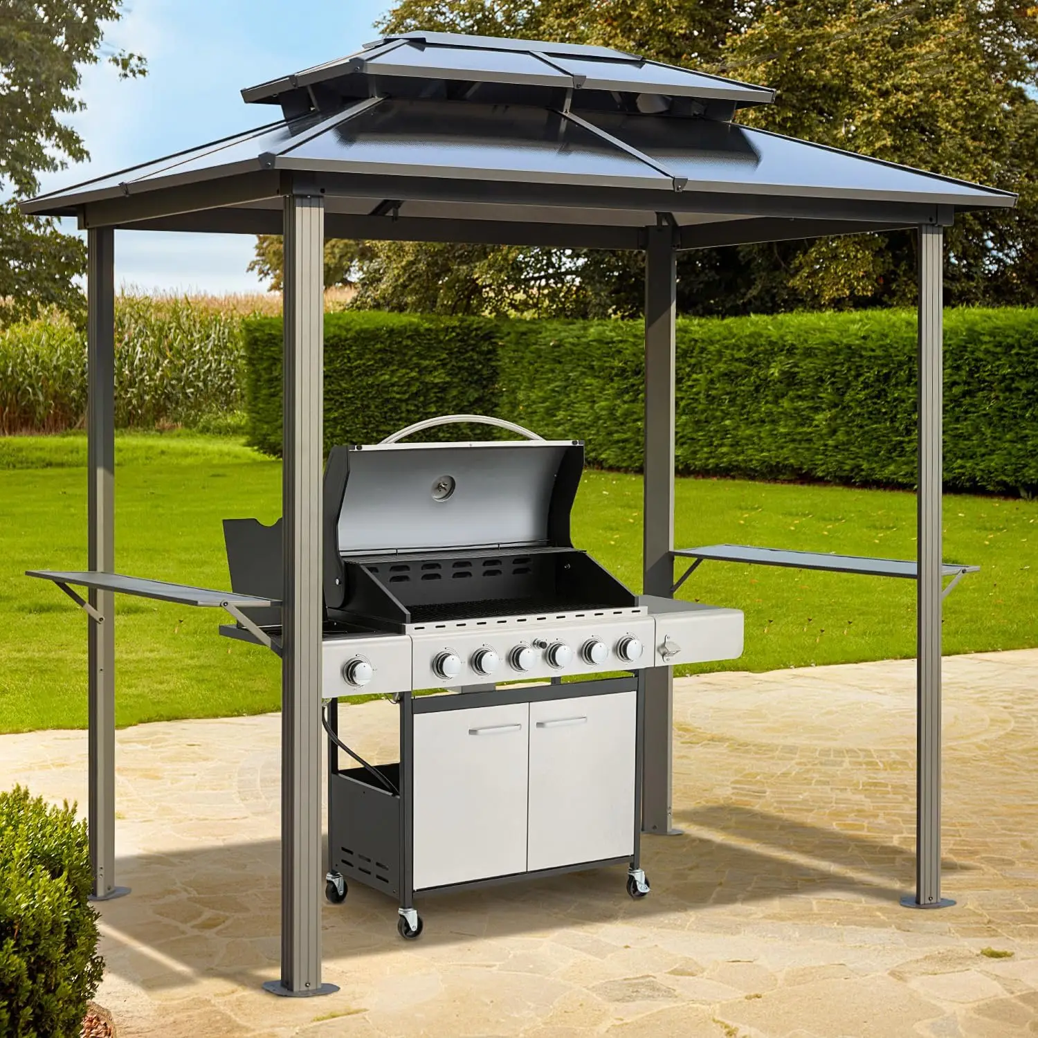 

MELLCOM Grill Gazebo 8 x 6 FT, Outdoor Barbecue Gazebo with Double Polycarbonate Panel Roof, BBQ Gazebo with Shelves for