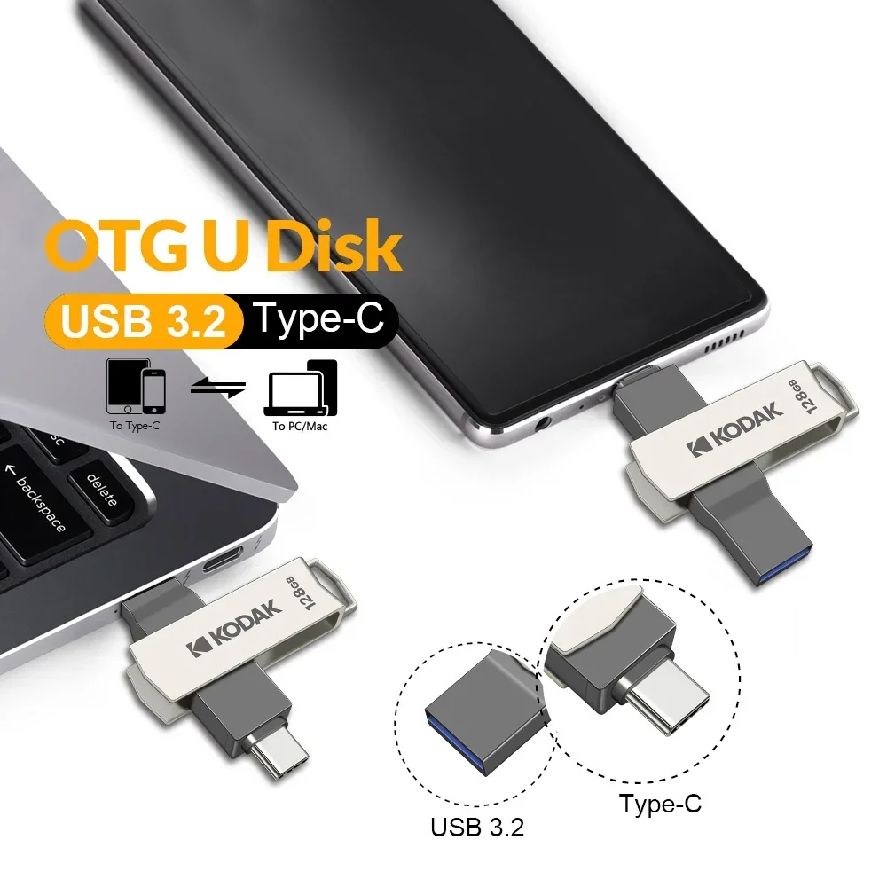 3 PCS Kodak K273 USB 3.2 Metal USB Tipo C 2 em 1 Unidade Flash 32 GB 64 GB 128 GB 256 GB para Smartphone Laptop