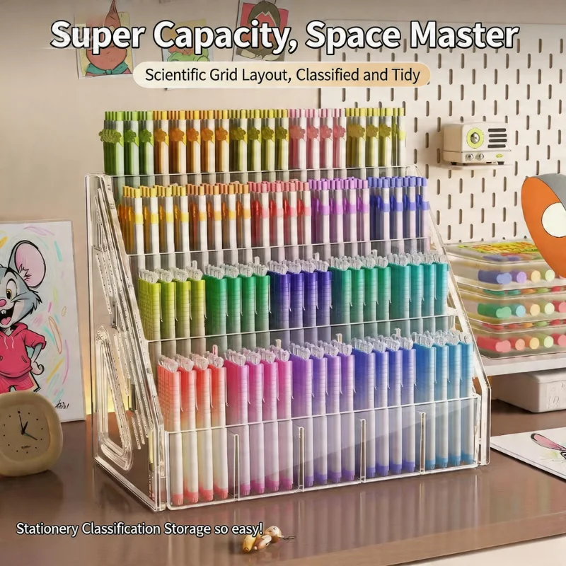 Clear Acrylic 5-Tier Pen Holder, Large Capacity Multi-layer Stationery Organizer for Desk School Office