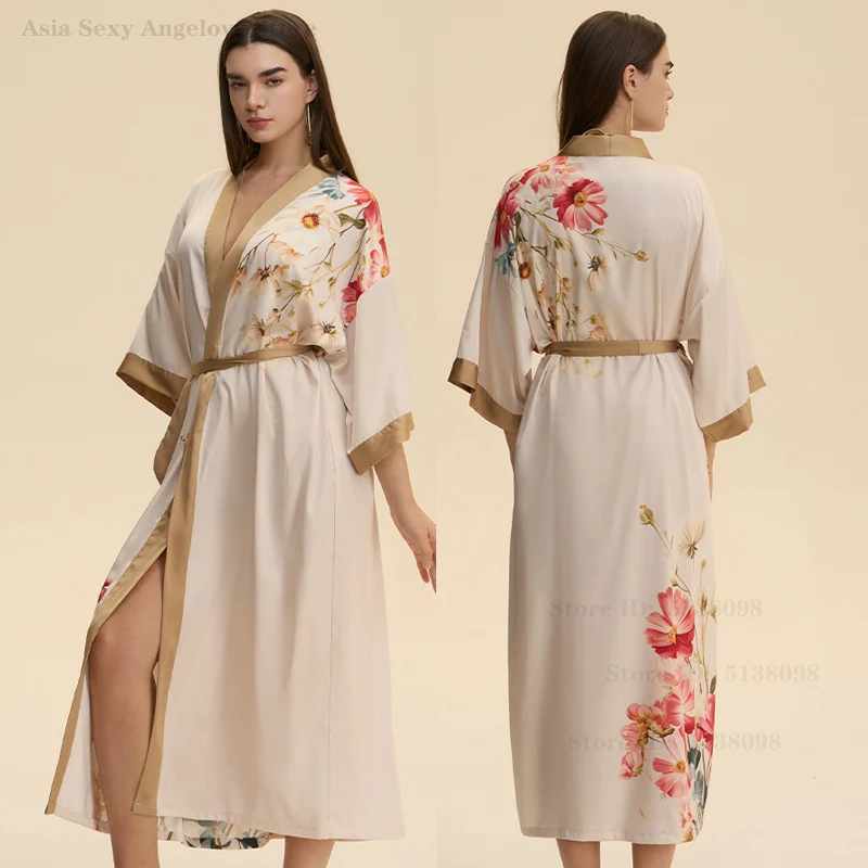 

Новый халат с цветочным принтом, одежда для сна, женское атласное шифоновое длинное утреннее платье, кимоно, халаты, интимное белье, сексуальная ночная рубашка