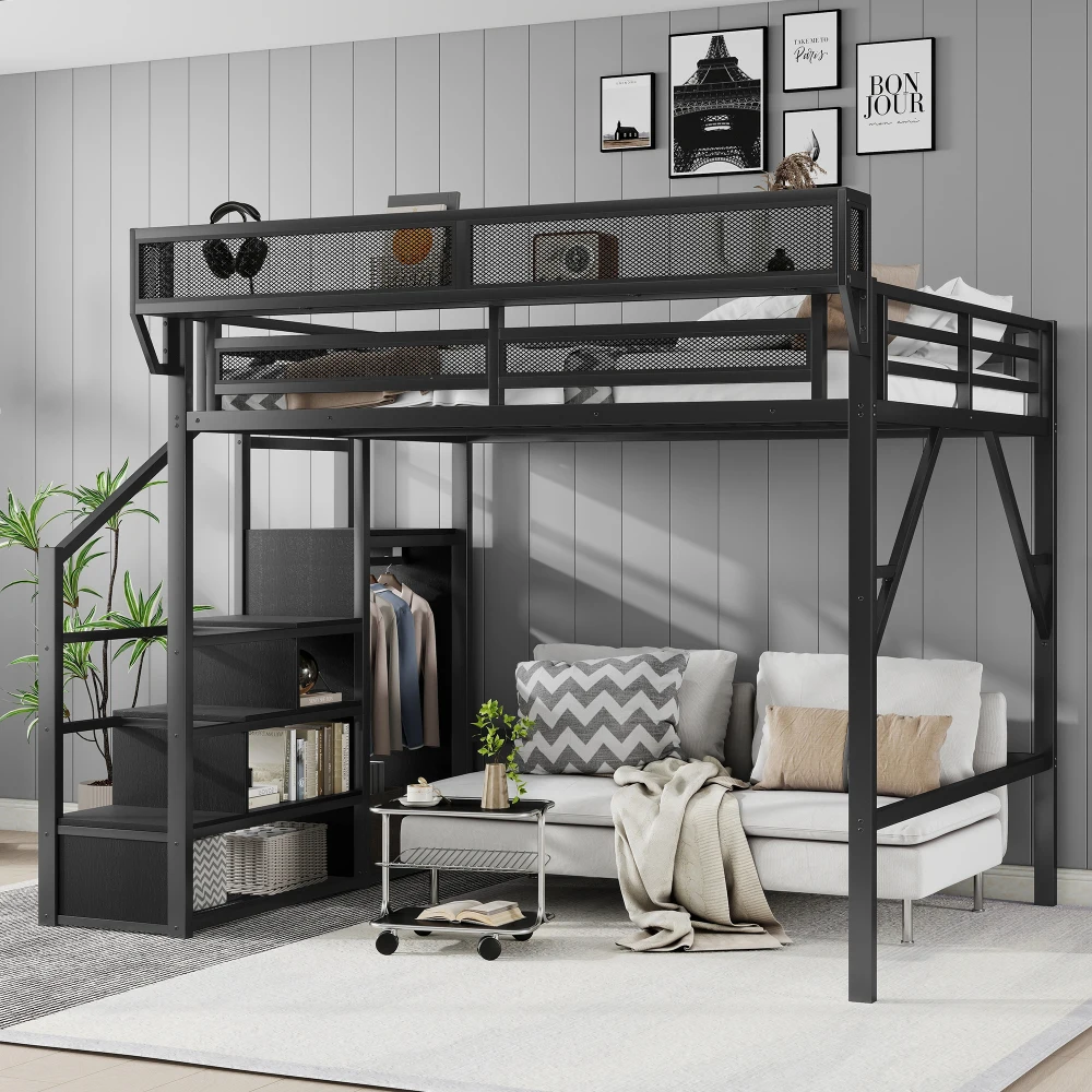 

Queen Metal Loft Bed with Stairs, Storage Shelves & Wardrobe for All Ages, Black (Old skuW2580S00038)