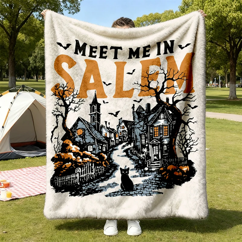 Meet Me in Salem Halloween Flannel Blanket, Salem MA Witch Gift, Haunted Town Flannel Blanket