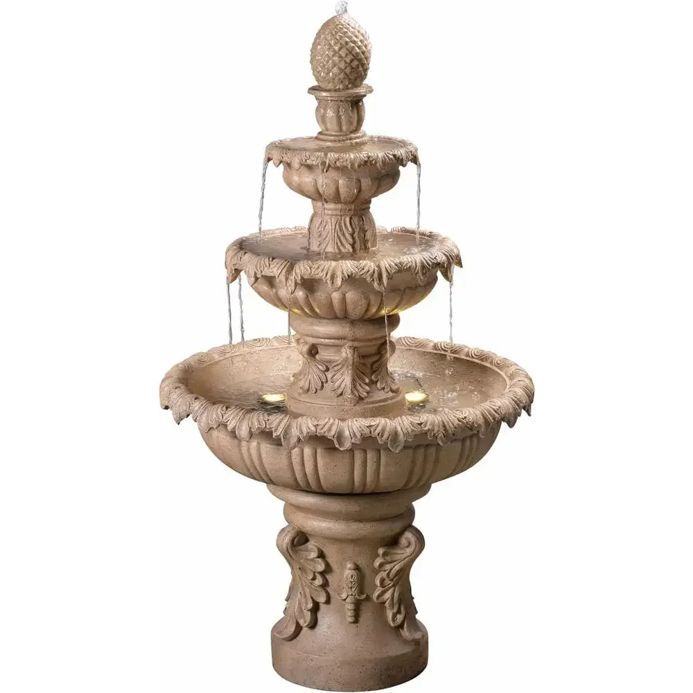 Outdoor Water Fountain Sandy Finish with LED Lights Scalloped Basins Submersible Pump Easy Installation Garden Decor