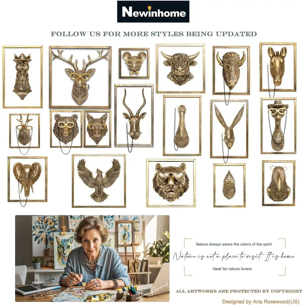 Vintage Gold Animal Heads Wall Art Set - 5 Resin Sculptures with Metal Frame for Home Decor