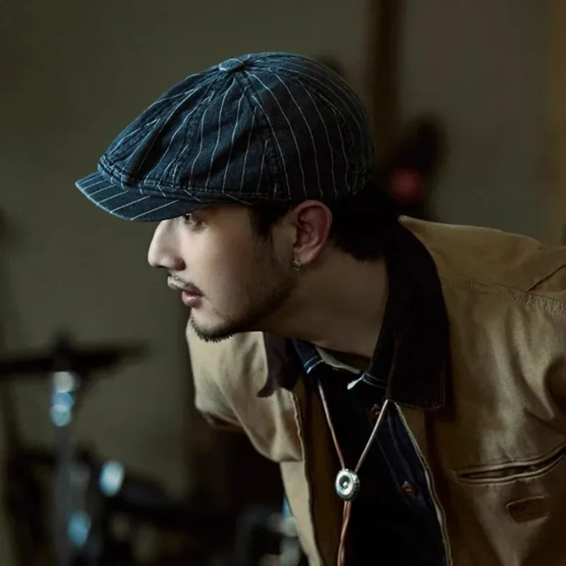 Japanese Retro Washed Striped Denim Forward Hat Men's and Women's Spring and Autumn  Outdoor Sunshade Newsboy Caps Gorras