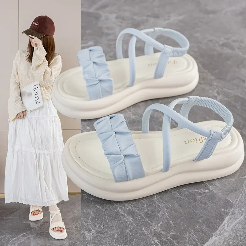 

Internet Celebrity Thick Soled Sponge Cake Sandals for Women's New Korean Fashion Mesh Pleated Small Flat Heel Sandals
