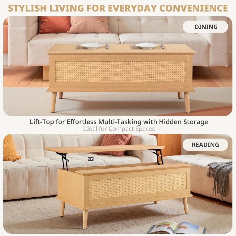 INK+IVY Coffee Table for Living Room Lift-Top Design with Storage, with Rattan Accent, Mid-Century Modern Décor Compact Furnitur