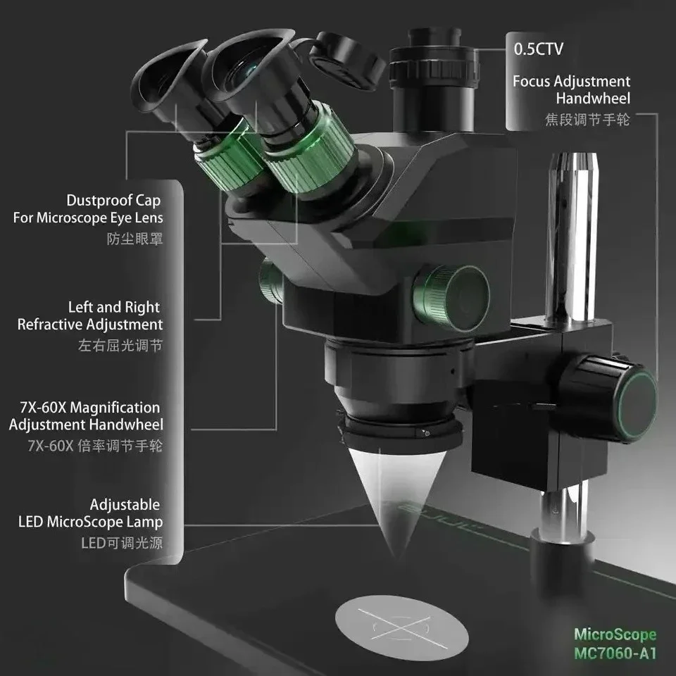 MC7060-A1 Trinocular Stereo Microscope, 7X-60X Continuous Precise Zoom, for Mobile Phone PCB Soldering and Instrument Repair