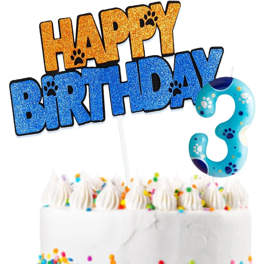 Decoraciones para tartas de pata de perro con adornos para tartas de feliz 3er cumpleaños y velas de cumpleaños número 3 decoración para fiesta de 3. ° cumpleaños con pata de perro