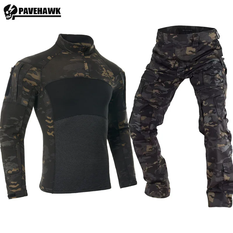 

Mens Hiking Combat Sets Breathable Camo Patchwork T-shirt+Multi Pocket Wear-resistant Cargo Pants Suit Tactics Training Uniform