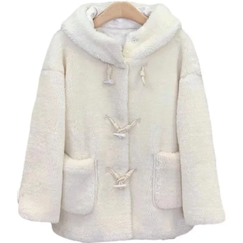 Casaco de cordeiro kawaii branco puro para mulheres, lã de pelúcia com capuz, estilo universitário, linda fivela de chifre de boi grossa, primavera inverno