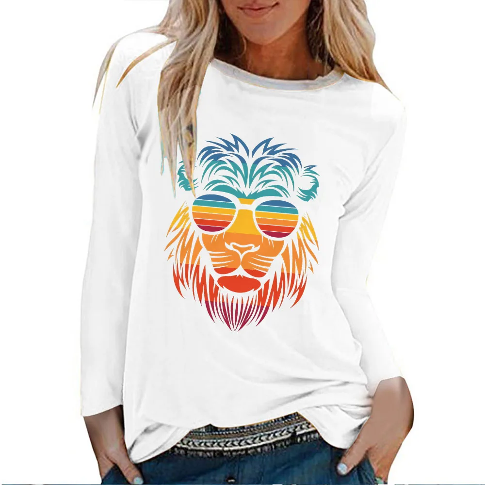 Seeyoushy Lion Head Print 2023 Autumn/Winter New Fashion Women's Top Long Sleeve T-shirt Y2K Aesthetic Women's Clothing Harajuku