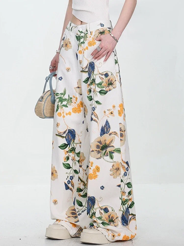 

Fashion Contrast Color Chic Printed New Women Jeans Chinese Style Summer Loose Full Length Street Straight Female Wide Leg Pants