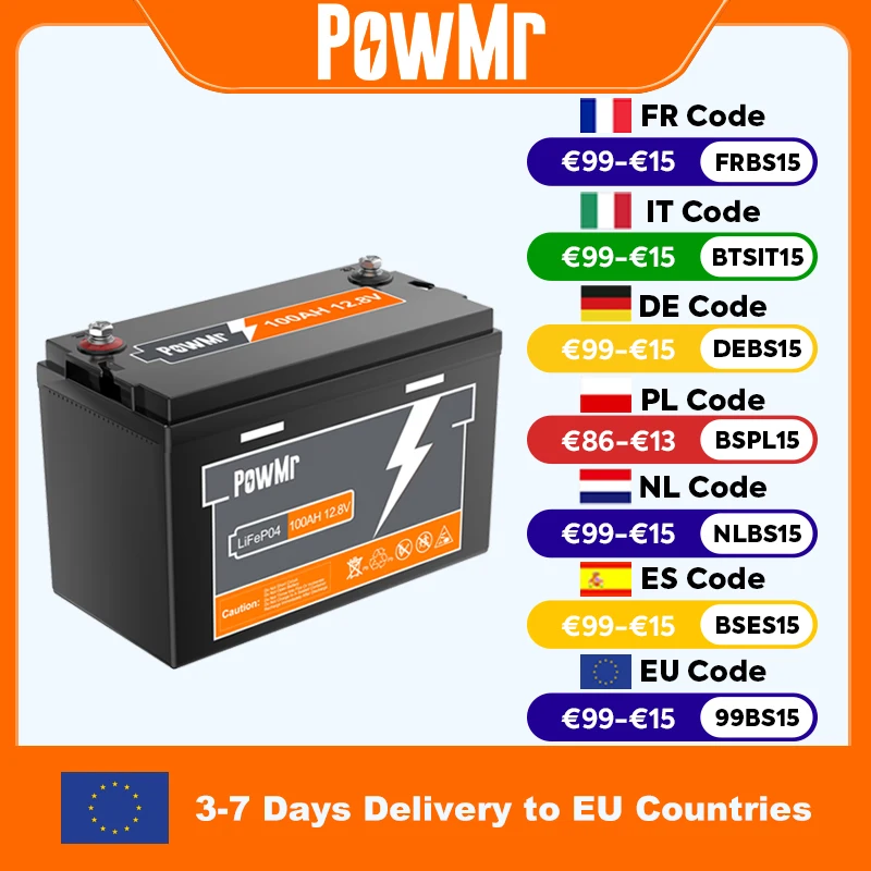 PowMr 300AH 200AH 150AH 100AH Lifepo4 Batteria 12V 24V Batteria al litio solare ricaricabile BMS Grado A 6000+ Ciclo