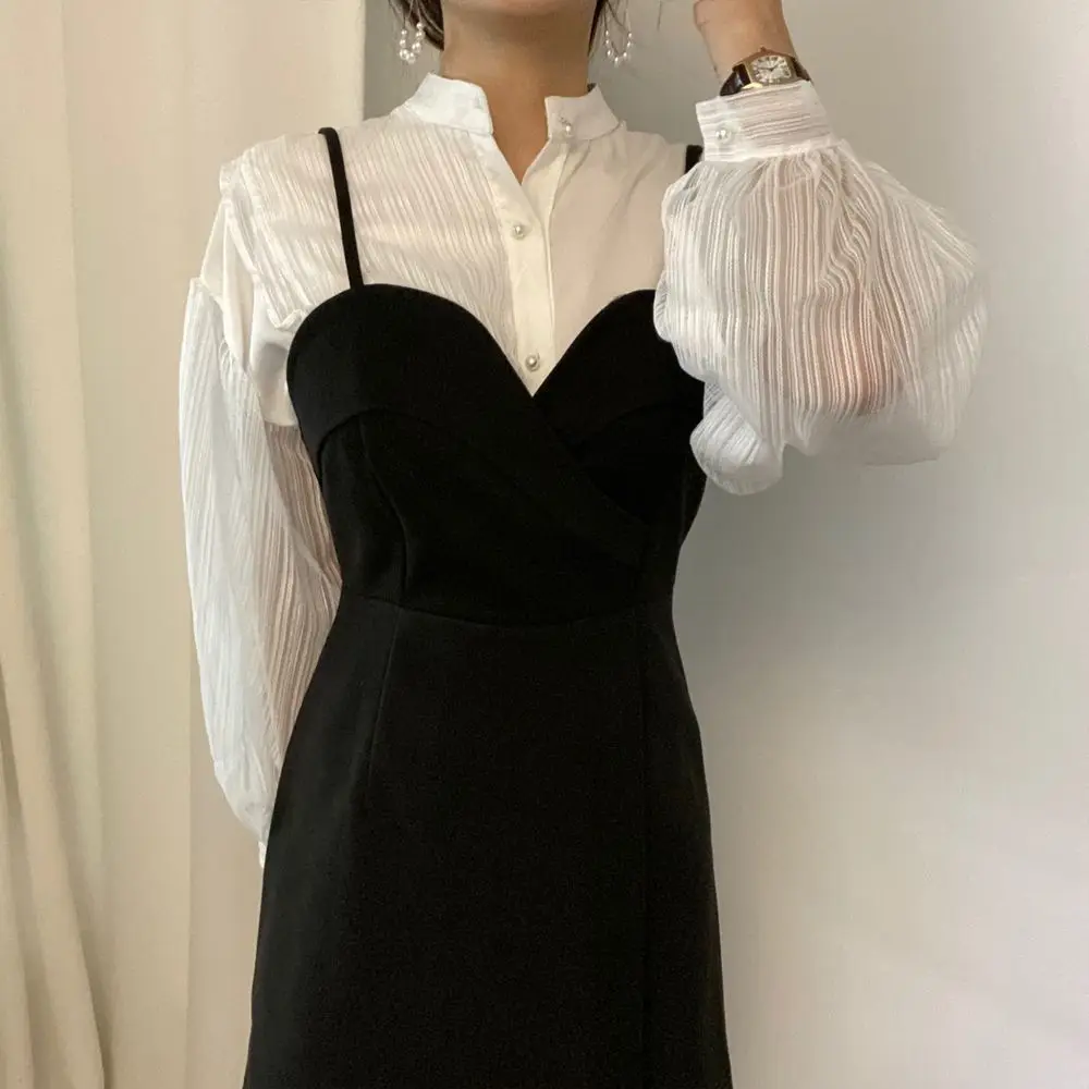 Shirts Women Elegant Chic Summer \\Mesh Patchwork Stand Collar Daily Casual Classy Loose Lady Tops Lantern Sleeve Vintage Clothes